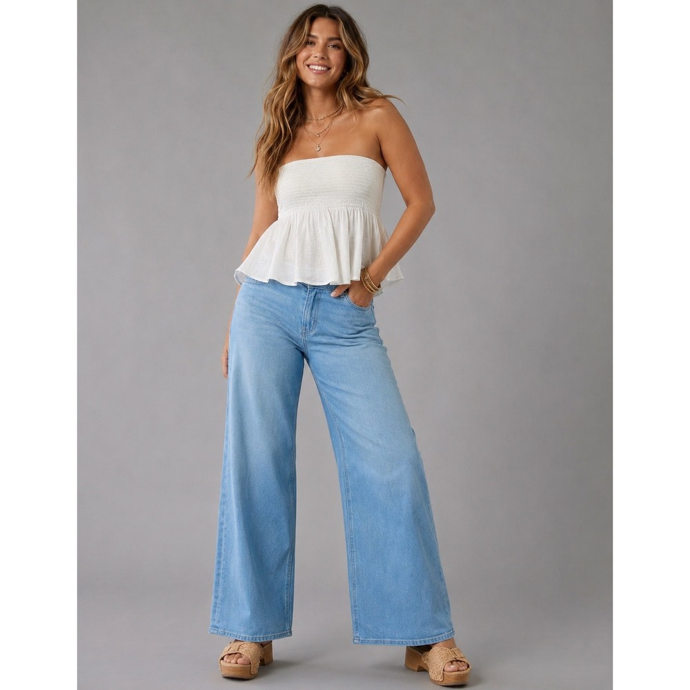 American Eagle Curvy Super High Rise Baggy Wide Leg Jeans Medium Wash Womens 6?